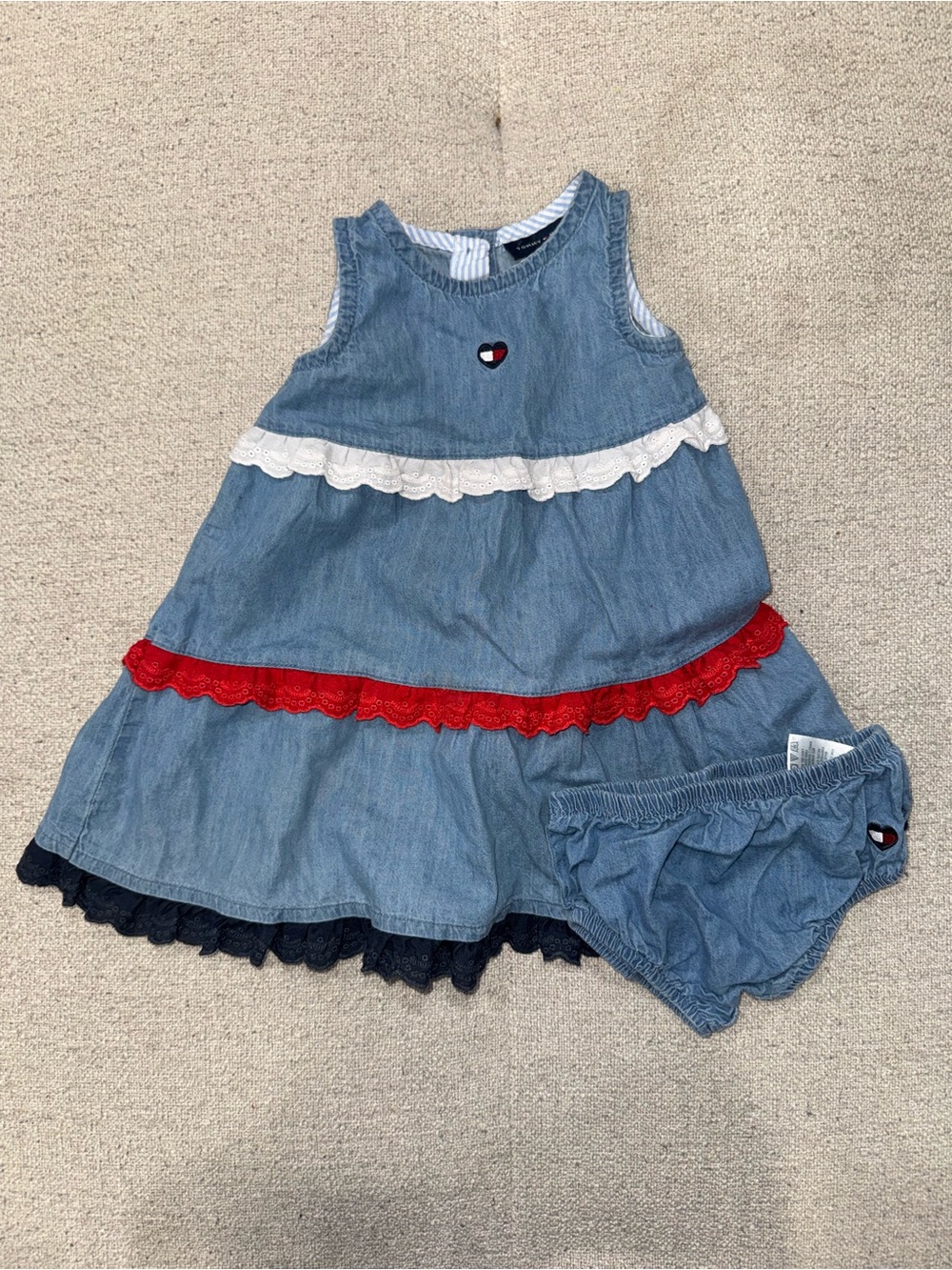 Tommy Hilfiger Girls Denim Dress with Red, White & Navy Trim